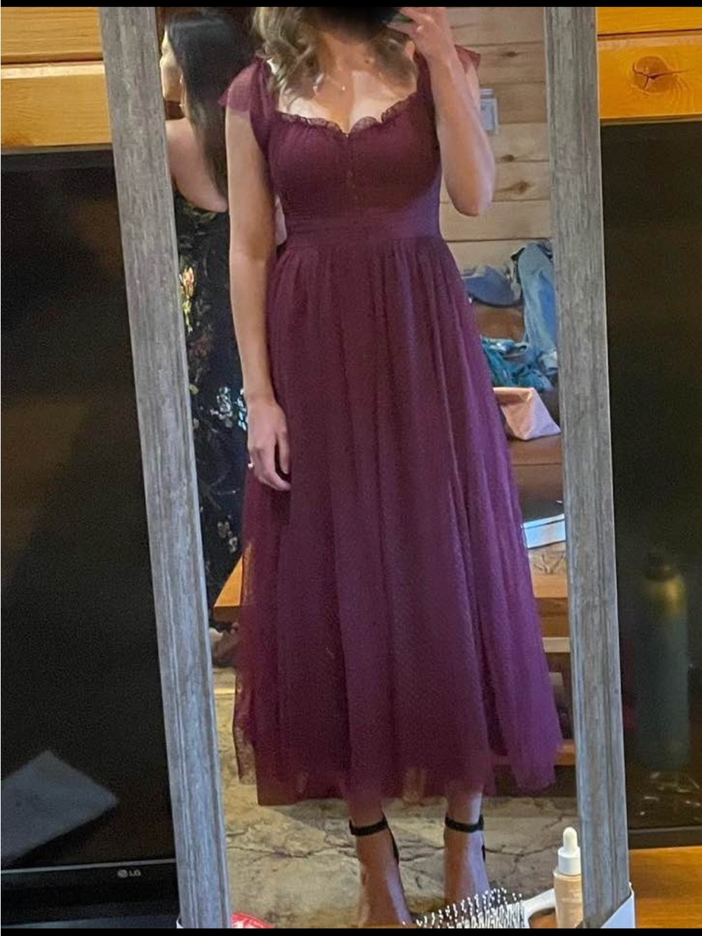 Lulu’s Burgundy Polka Dot Sleeveless Midi Dress